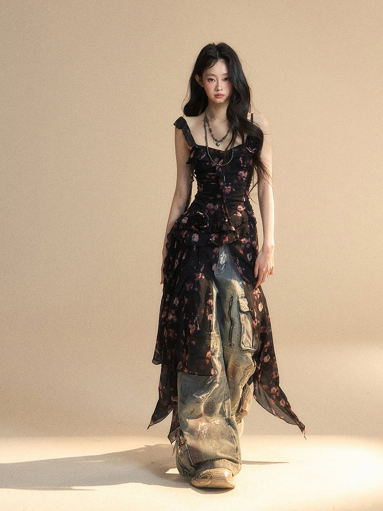 Black Sweetheart Neckline Sleeveless Top Asymmetrical Hem Chiffon Floral