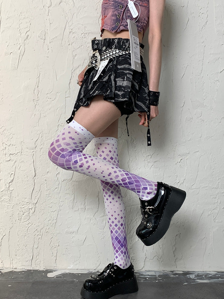 Overknee Stockings WhitePurple Y2K Pattern Diamond