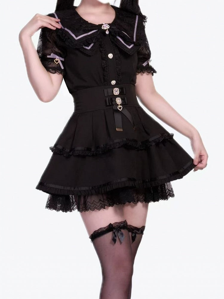 Schwarze Kei-Kragenbluse mit Schleife und Jirai