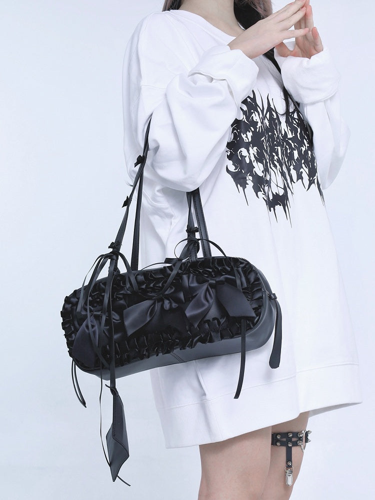 Details Bag Jirai Bowknot Trim Straps Kei Shoulder Ruffles Black Self-tie