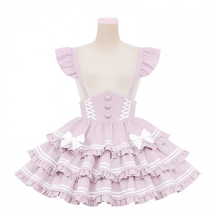 Accents Tiered Skirt Sweet Pink Overalls Flutter Sleeves Bow Lolita Dress Light
