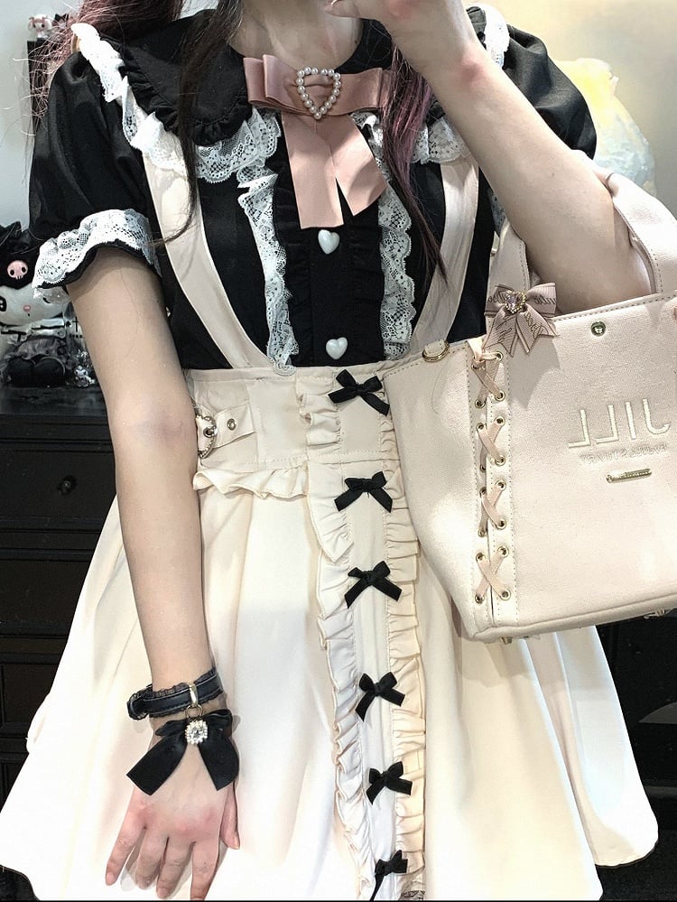 Trim Lace Shorts Dress With Blue/White/Pink/Black Kei Bowknot Details Jirai Overall