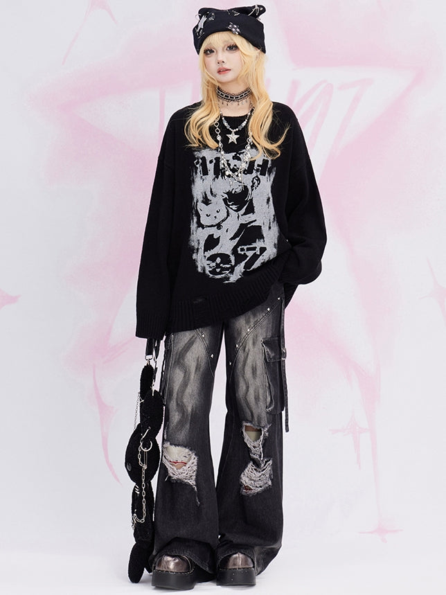 黒猫柄のダメージトリム ルーズセーター