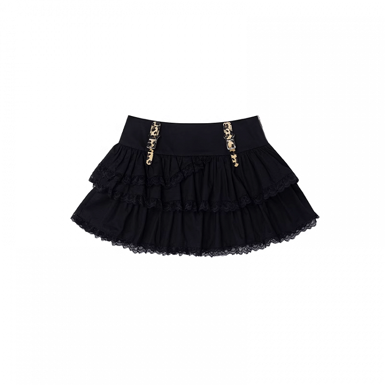 Leopard Pattern Buckle Straps Black Lace Trim Tiered Skirt