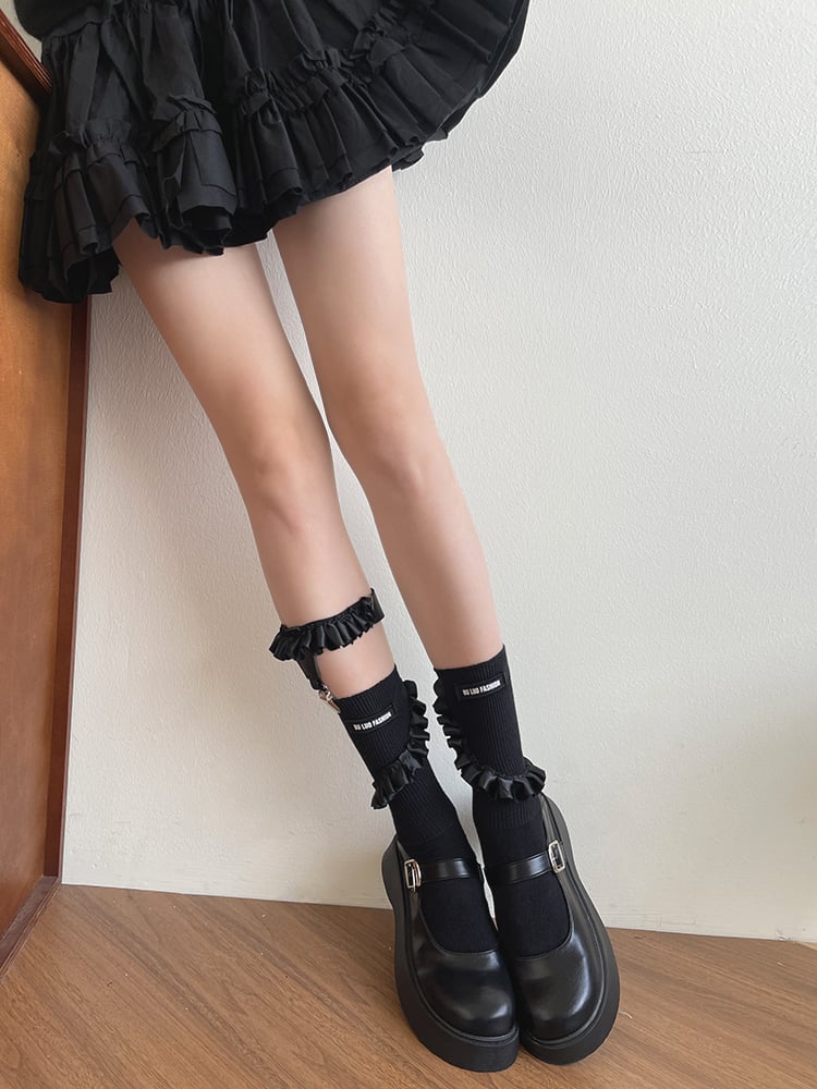 Black/White Trim Socks/Black Y2K Leg Ruffle Loop