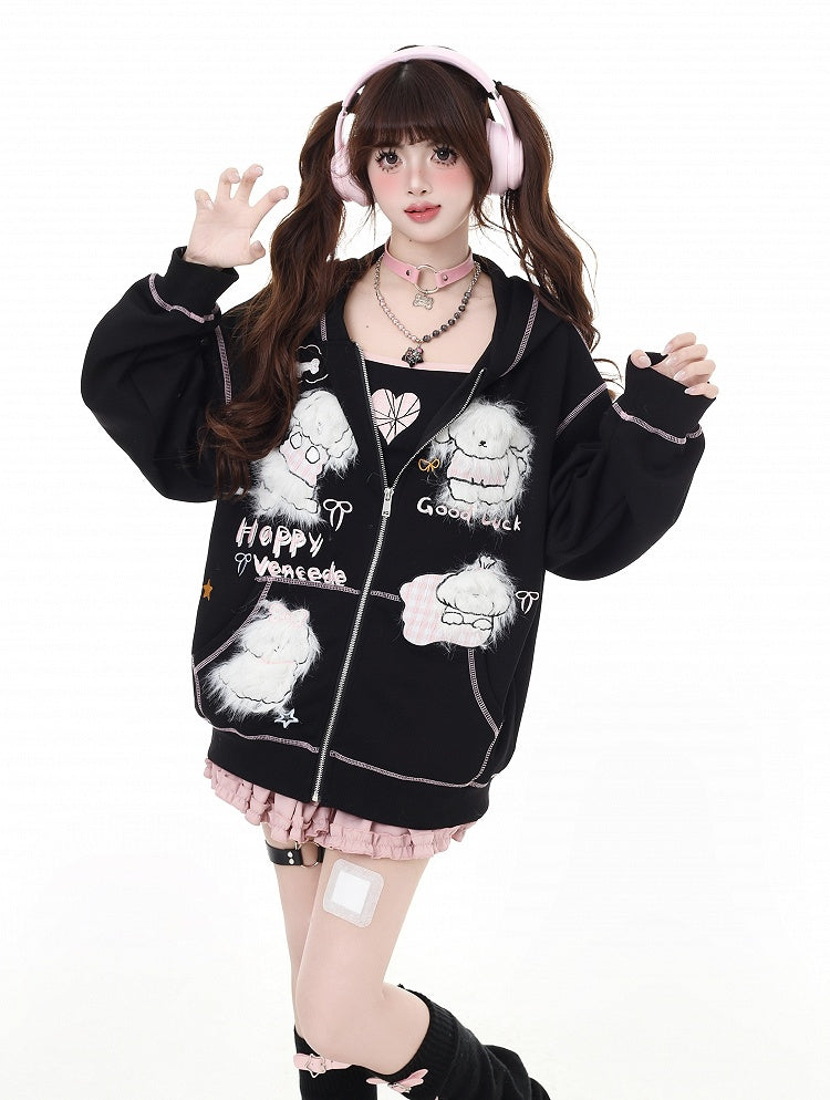Puppy Embroidery Applique Black/Light Blue Plush Zip Closure Hoodie