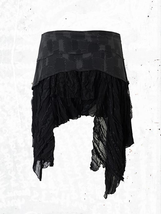 with Hem PU Asymmetrical Flair Skirt Black Studded Punk Edgy Lace Patchwork
