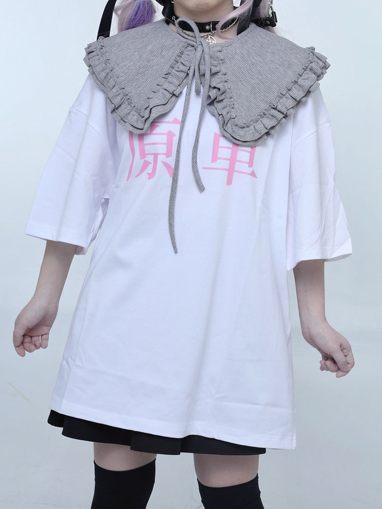 White Jirai Kei Round T-shirt Oversized Graphic Neck