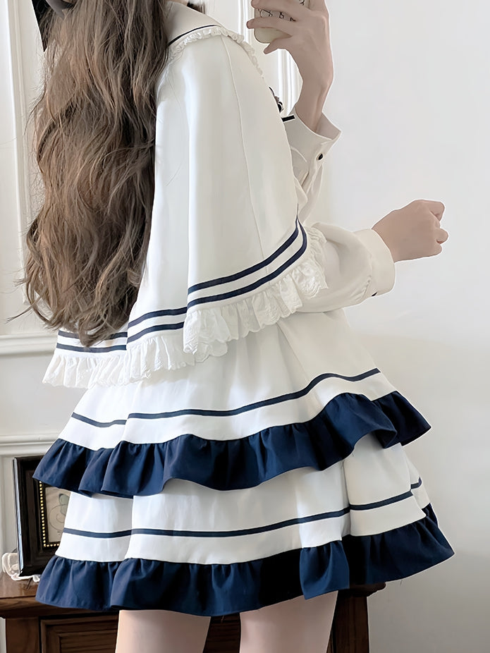 White and Blue Lace Trim Sailor Collar Cloak