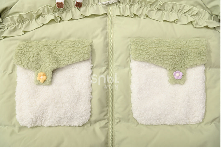 Green Cute Lamb Adorned Hooded Down Coat Ruffle Trim