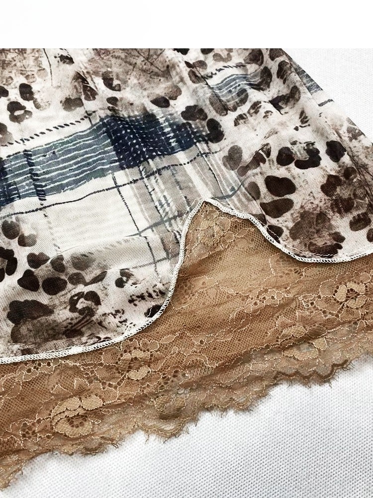 Trim Leopard Pattern Cami Top Y2K V-neck Patches + Contrast Brown Lace