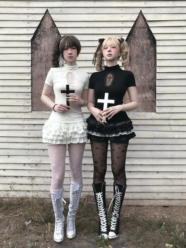Gestufter Cross Skort Gothic Schwarz/Weiß Elastische Taille Spitzenbesatz Pumphose