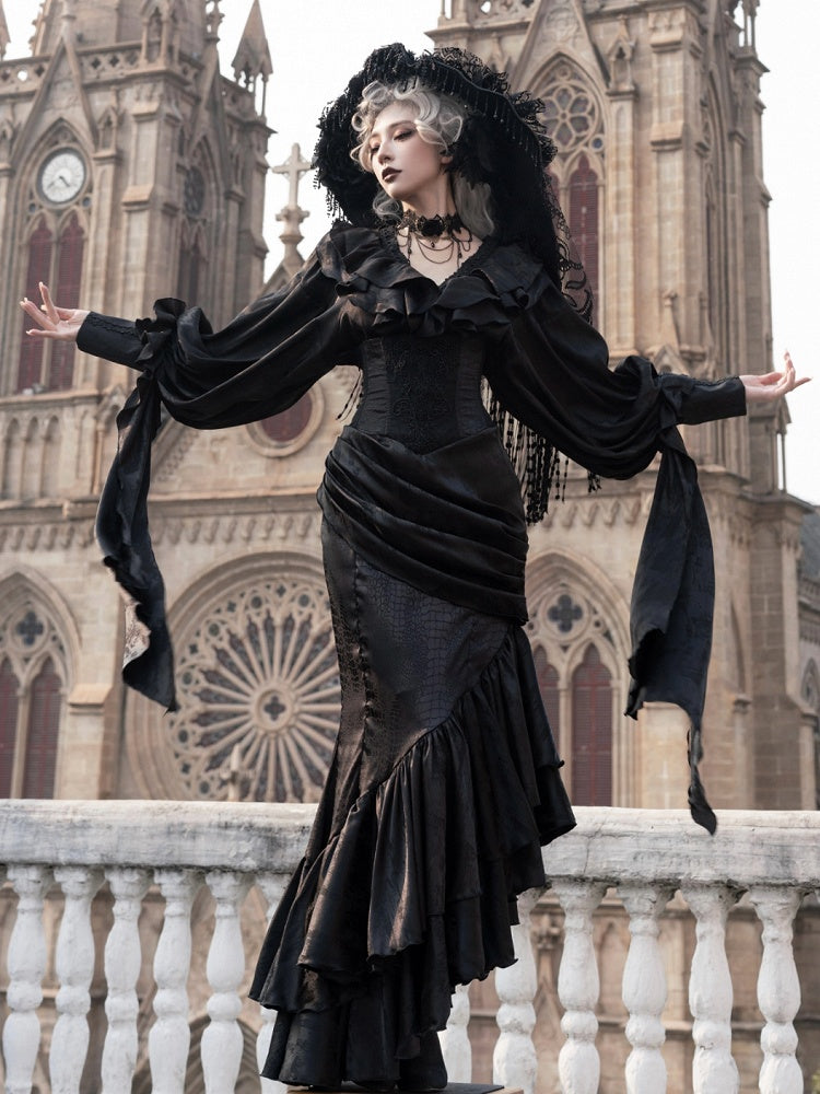 Flounce Gothic Skirt Hem Corset Waist Mermaid Cascading Black Boned Asymmetrical Lolita High