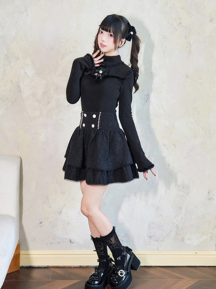 Jirai Kei Plush Trim Cutout Detail Bow Rhinestone Embellished Black Top