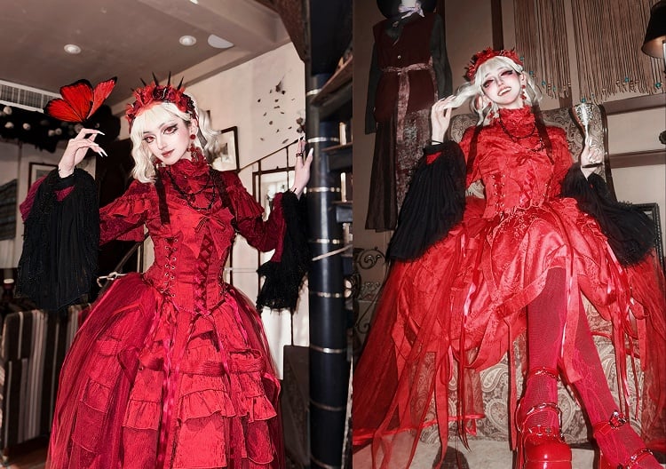 Design Lace-ups with Waist Birdcage Ovarlay Red Lolita Dress Skirt Big and Gothic Bow Corset Detachable