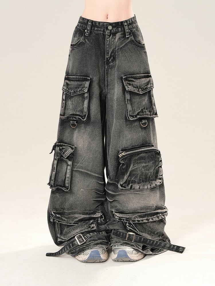 Black Low Rise Cargo Pockets Wide-Leg Jeans