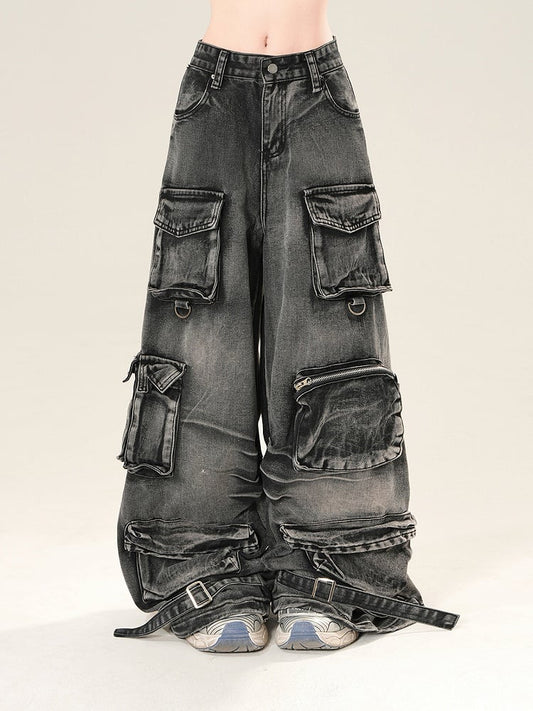 Black Low Rise Cargo Pockets Wide-Leg Jeans