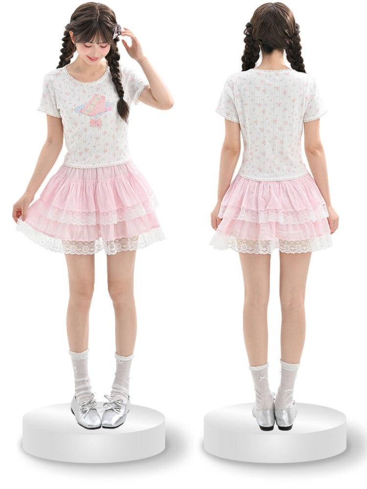 Lace White Cake Print Trim Sweet Floral T-Shirt