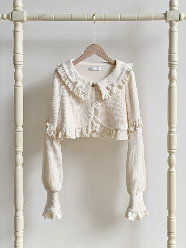 and Cardigan for Autumn Beige Winter Cropped Ruffle Trimming