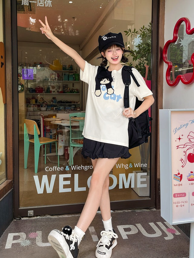 White Round Neck Cute Cat Print T-Shirt Loose