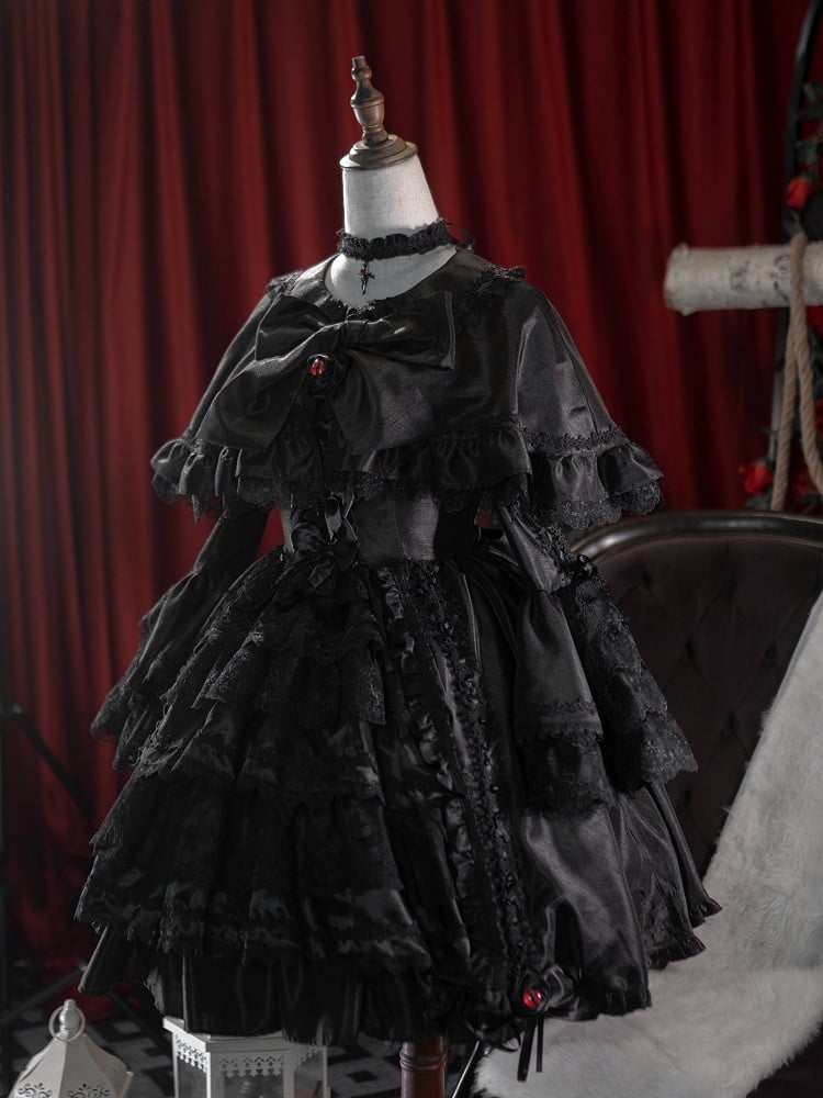 Kuro Sleeves Cape Drawstring Dress Layered Bell Gothic Skirt Lolita + Black