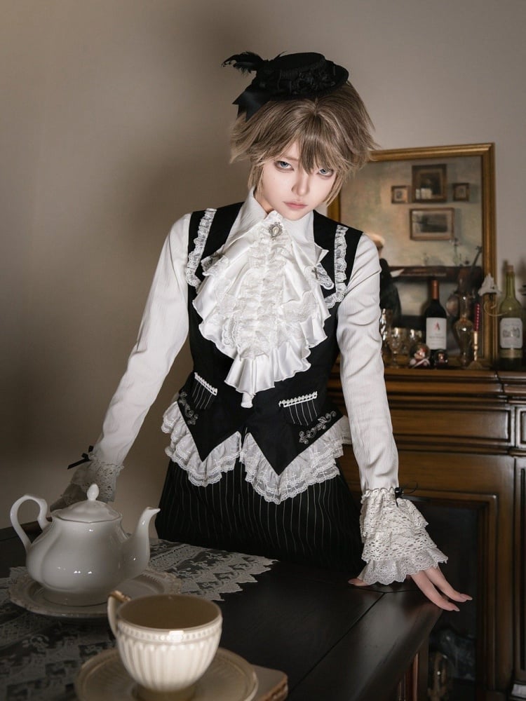 Weiße, gekreuzte Spitzensaum-Schwarze Ouji Lolita-Weste