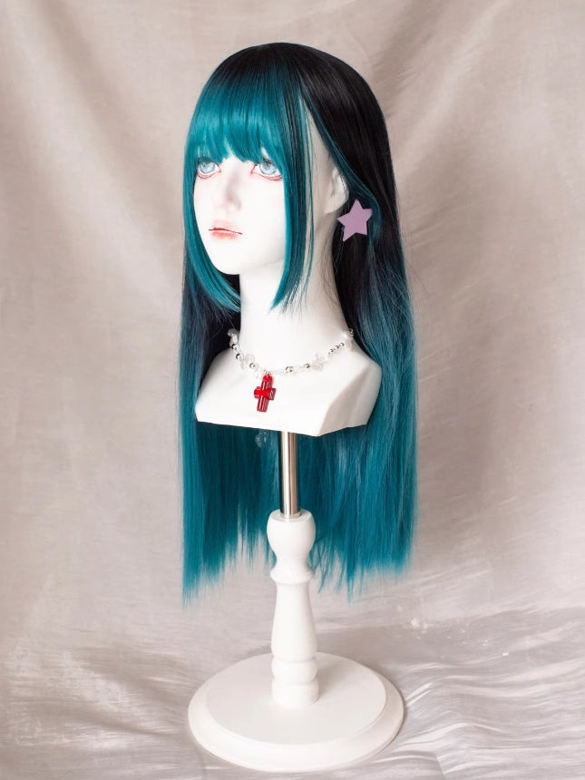 Green With Bangs And Air Black Wig Length Ombre 68CM Straight