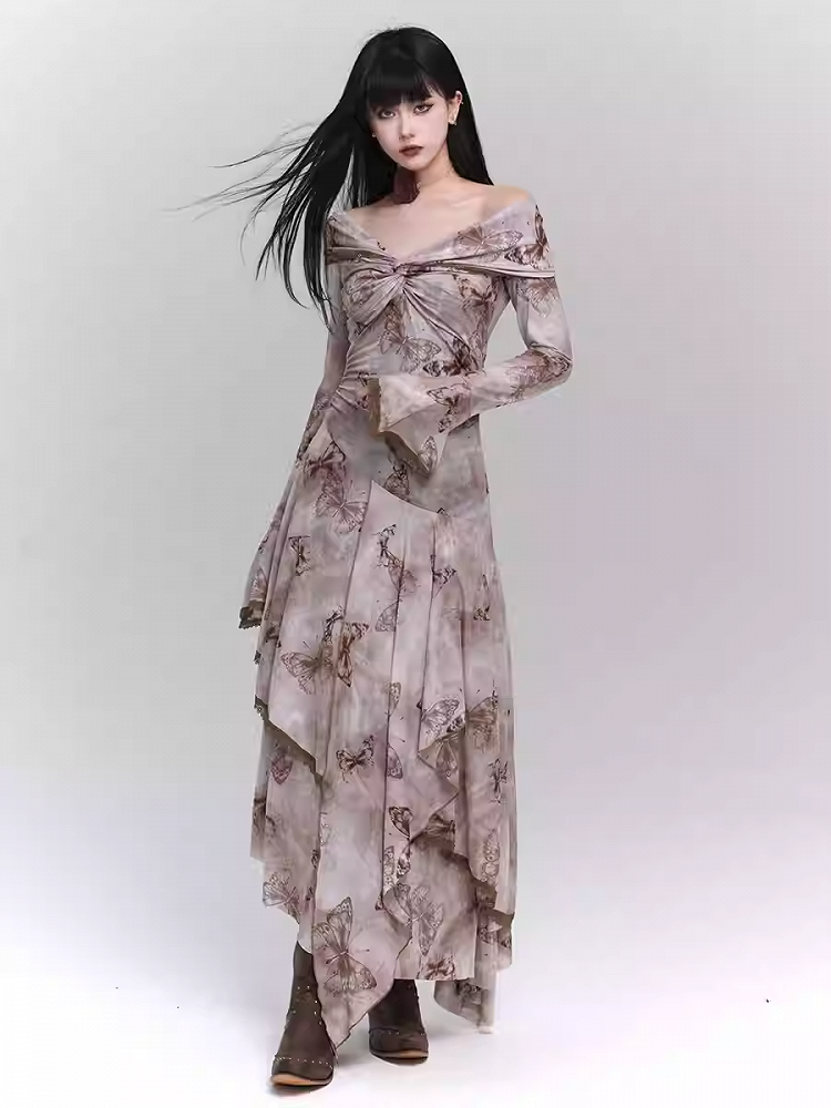Purple/Dark Gray/Apricot Off-the-Shoulder Butterfly Print Twist Detail Dress