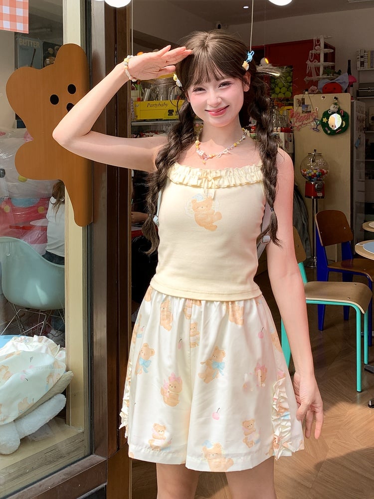 Shorts Light Yellow Elastic Waist Cute Bear Print Casual