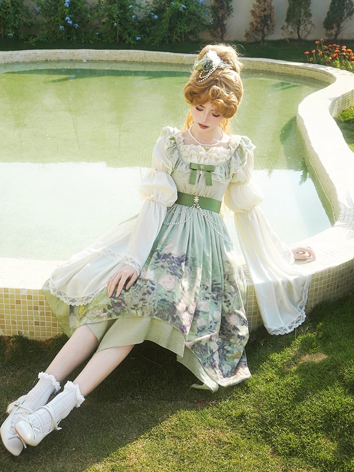 Hem JSK Set Painting Waist Print Handkerchief Lolita Roses Green Empire Oil