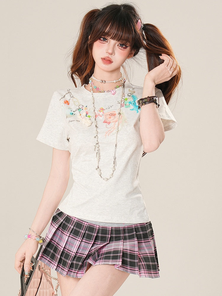 Cartoon T-shirt Print Glamorous Charm Chain Gray