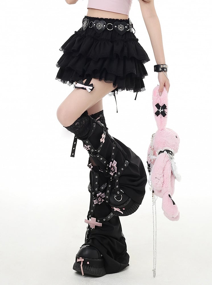 Red/Pink/Black Lace Trim Y2K Tiered Skirt with Glamorous