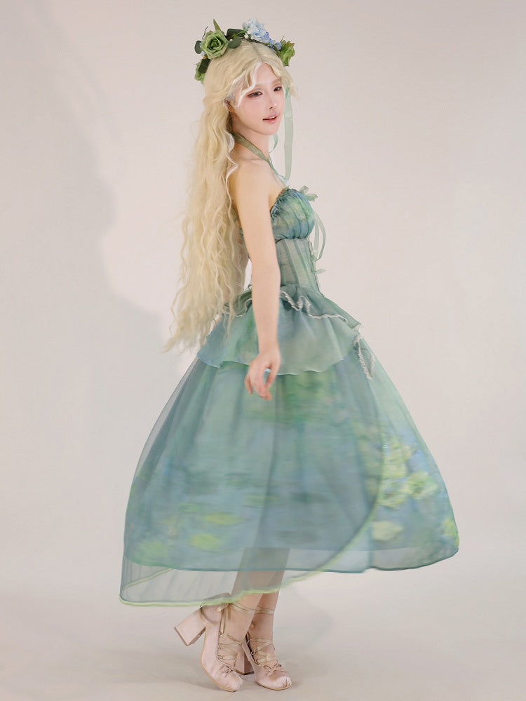 Fairy Oil Tiered Flounce Hem Halter Boned Corset Top Green Painting Print