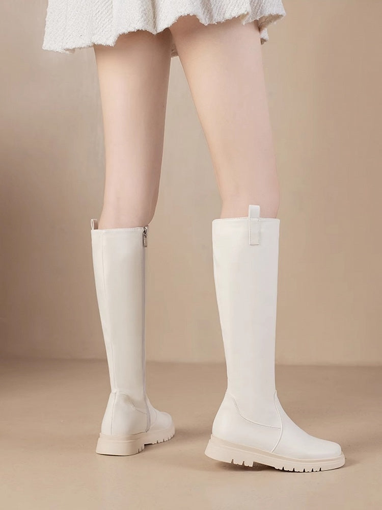 Verschluss: Weiße kniehohe Stiefel mit Reißverschluss, normale/dicke PU-Version, Lederinnenseite mit -