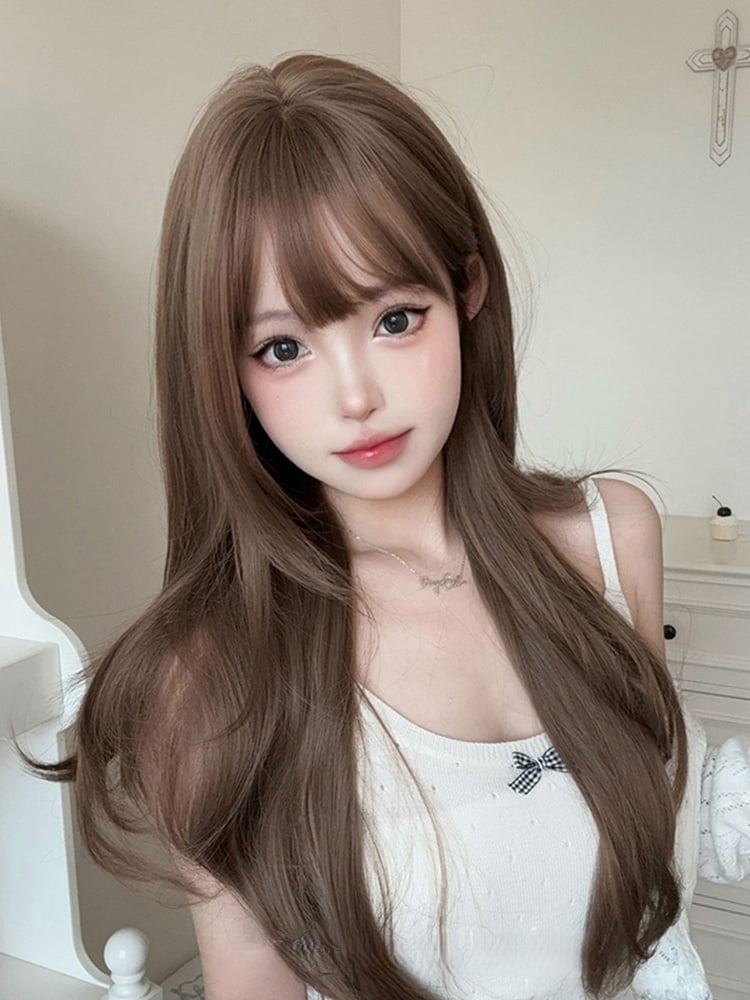Length Wavy Wig Brown Light Air Bangs With 72CM