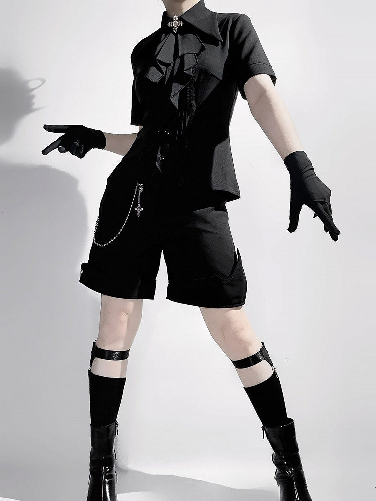 Jabot Lolita Collar Black Foldover Short Fashion Sleeves Shirt Pointed Ouji