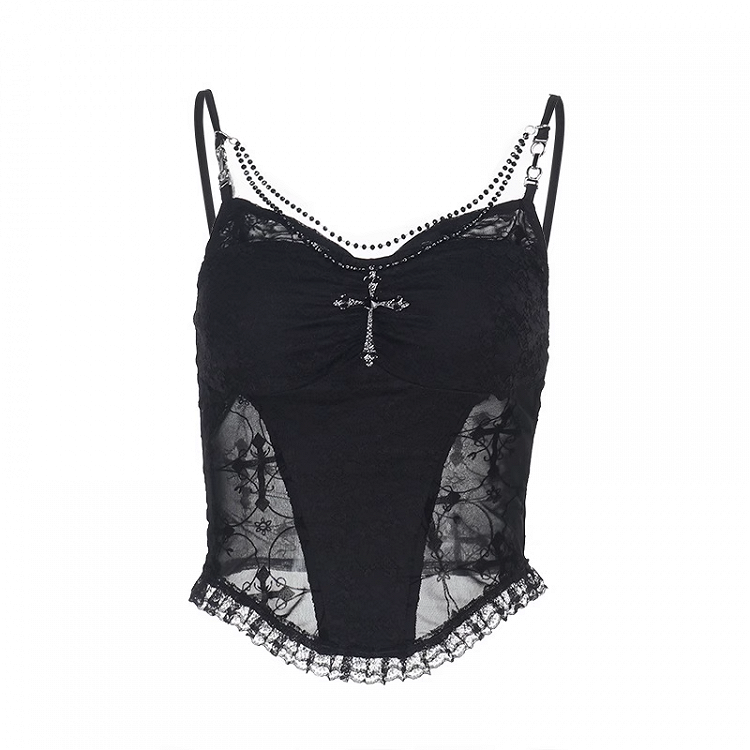 with Beaded Black Lace Patches Waist Cross Decorated Cami Top Chains