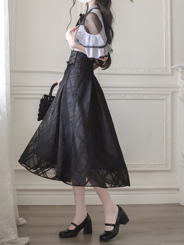 with Contrast Trim Jirai Kei Black Illusion Neckline and Purple Lace Cape Design Top
