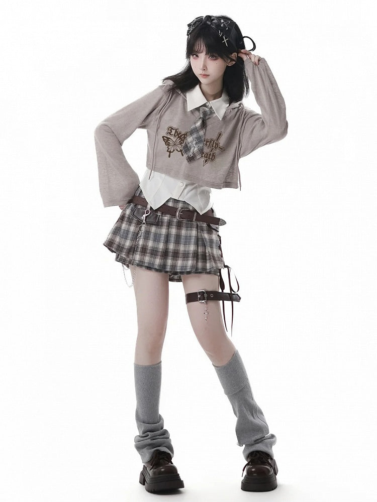 Y2K Lace-up Black Detail Plaid Skort with Buckle Belt and Chain White/ Khaki