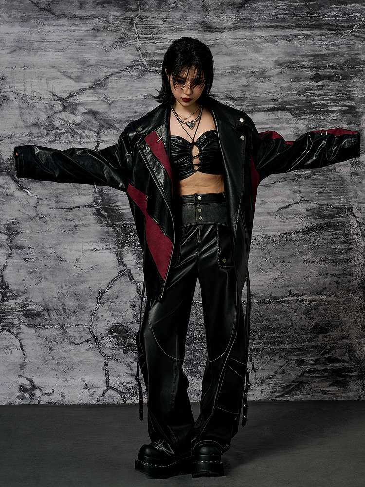 Black PU Punk Cargo Pants With Adjustable Metal Straps