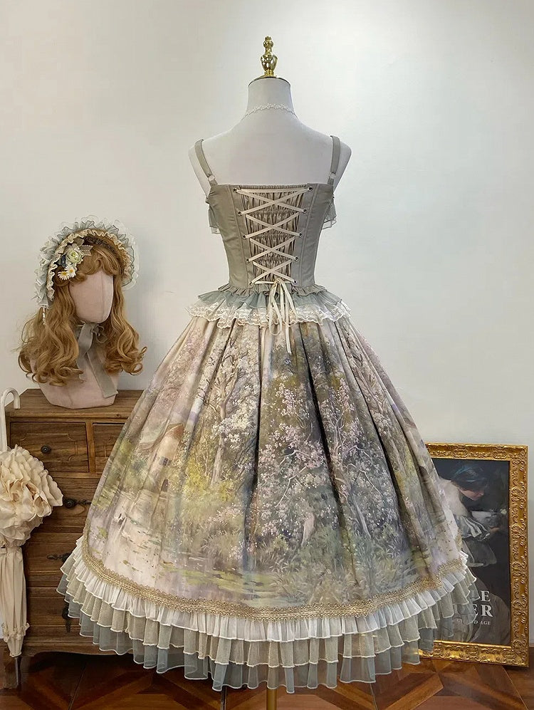 油絵プリントのグリーンレイヤードフリル裾ロリータスカート