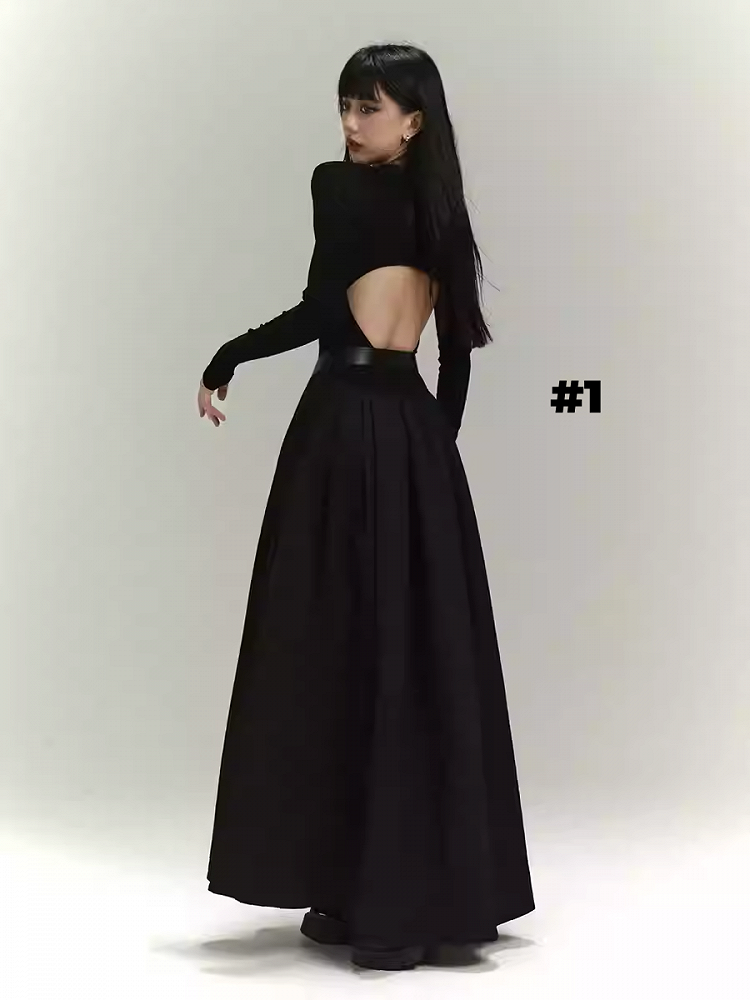 Gothic Black Backless/Covered-Back Round Neck Slim-fitting Dress