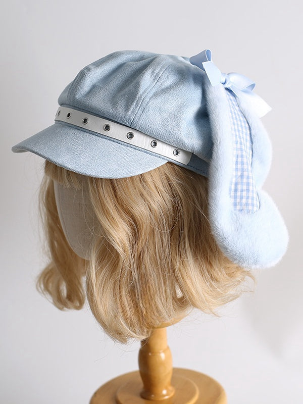 Blue/Black Sweet Buckle Straps Plaid Pattern Bunny Ears Beret