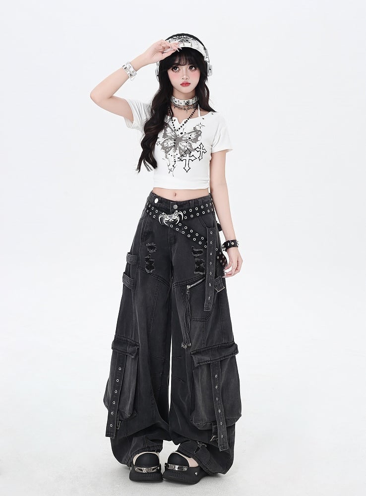 Black Rise Distressed Holes Low Jeans Wide-leg Cargo
