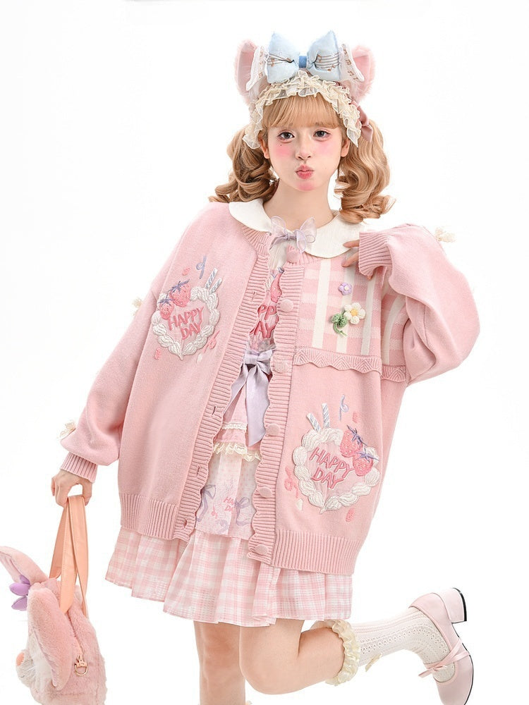 Yume Bowknots Strawberry Cake Embroidery Kawaii Lace Pink Knitted Cardigan