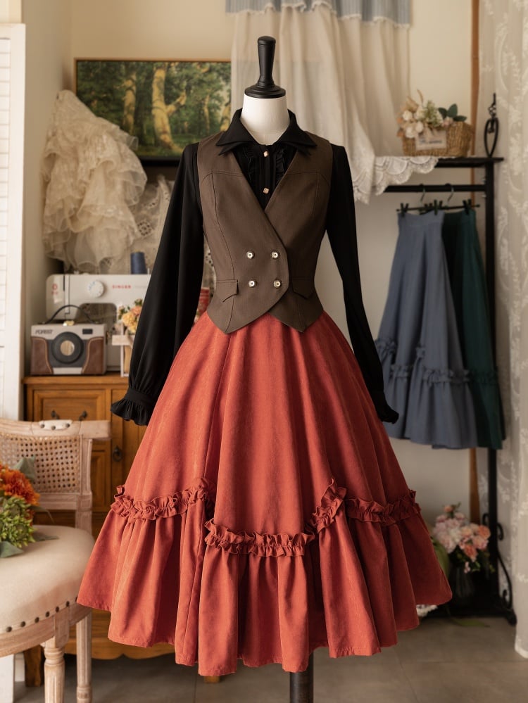 オレンジレッドのフリルトリムのフラウンスヘムスカートミディ丈ロリータスカート