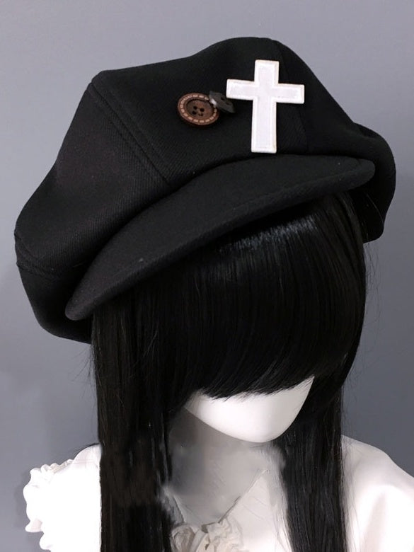 Cross Applique Gothic Beret Hat