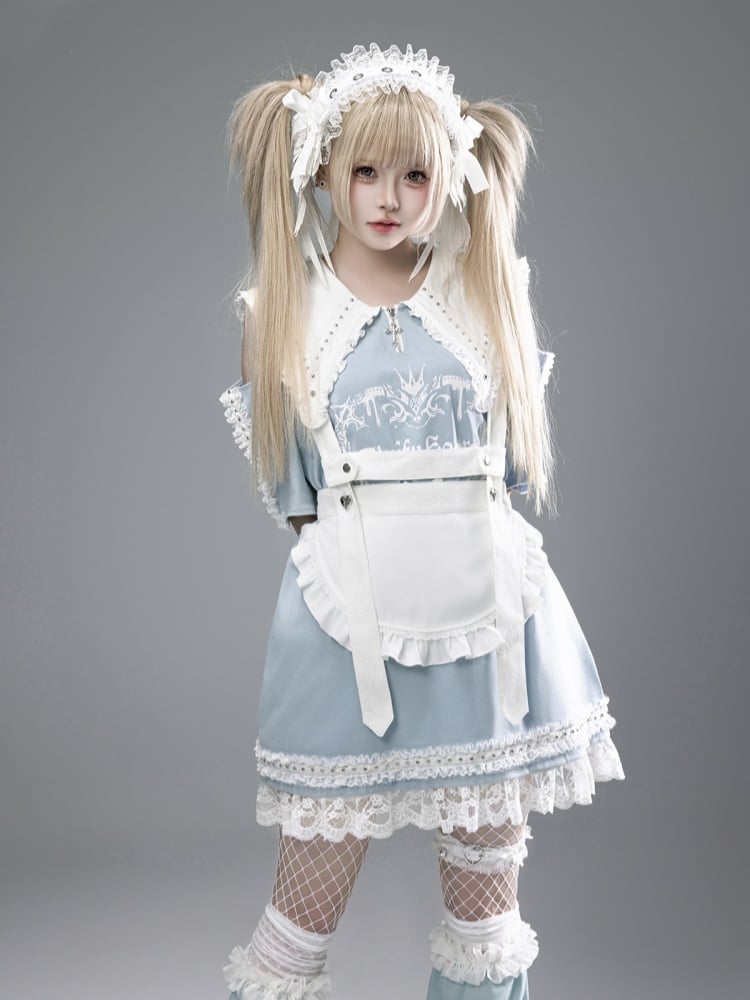 Blue Pointed Flat Collar Cutout Shoulder Lace Trim Jirai Kei Dress Light
