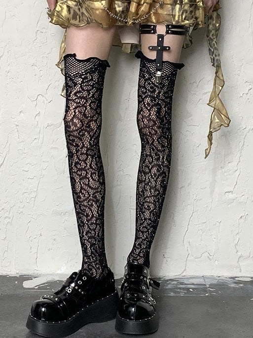 Pattern Y2K Stockings Overknee Rhinestone Floral Black