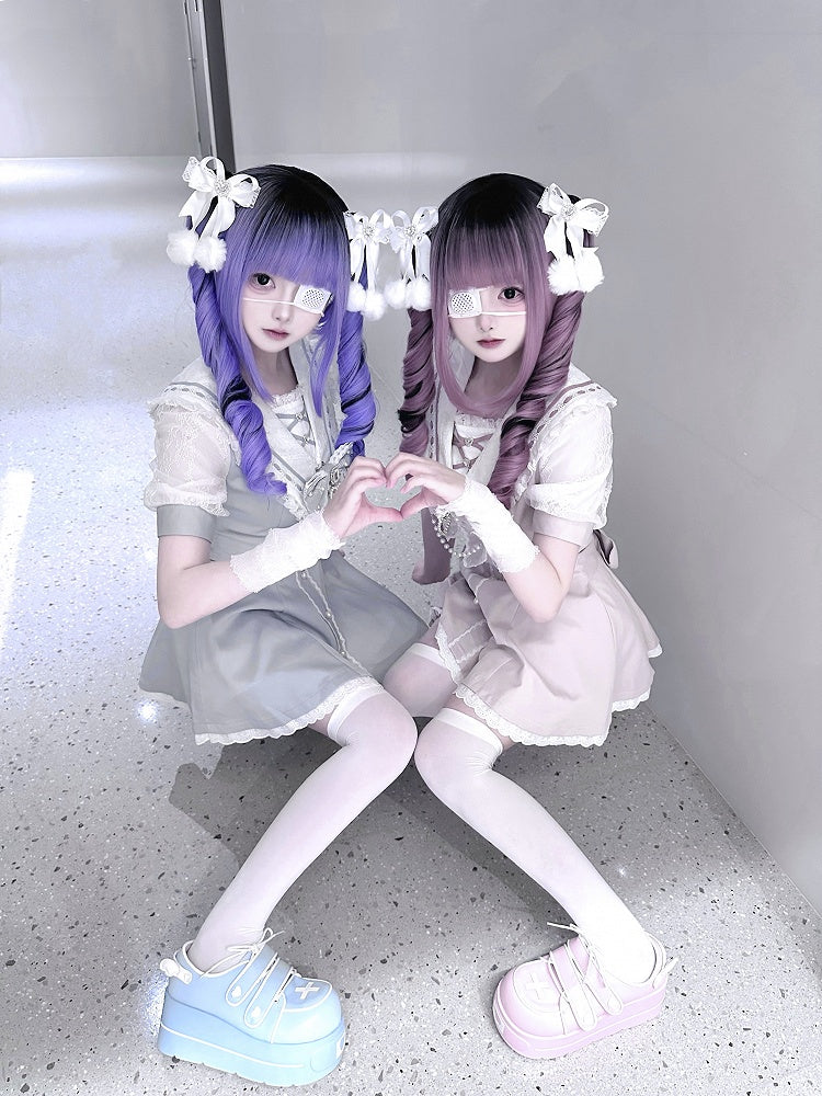 Set Pink/Light Blue Bow Shorts Back Sailor Collar Self-tie Mini Dress + Ruffled Light Hem Jirai Kei